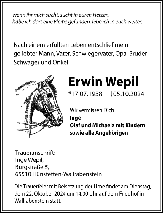 Traueranzeige von Erwin Wepil von Camberger Anzeiger