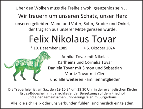Traueranzeige von Felix Nikolaus Tovar von Allgemeine Zeitung Alzey