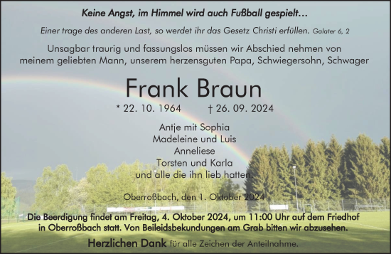 Traueranzeige von Frank Braun von Dill Block