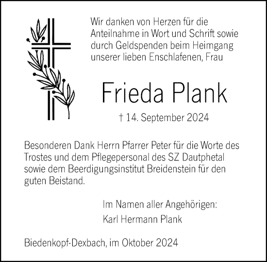 Traueranzeige von Frieda Plank von Hinterländer Anzeiger