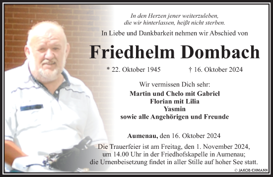 Traueranzeige von Friedhelm Dombach von Weilburger Tageblatt