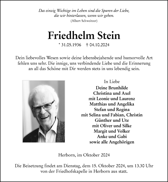 Traueranzeige von Friedhelm Stein von Dill Block