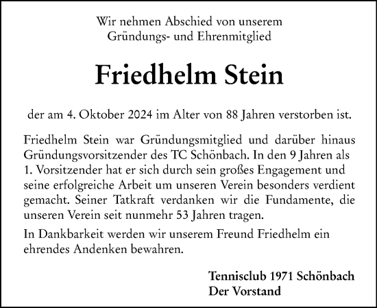 Traueranzeige von Friedhelm Stein von Dill Block