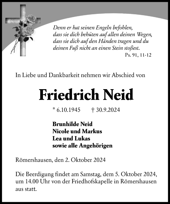 Traueranzeige von Friedrich Neid von Hinterländer Anzeiger