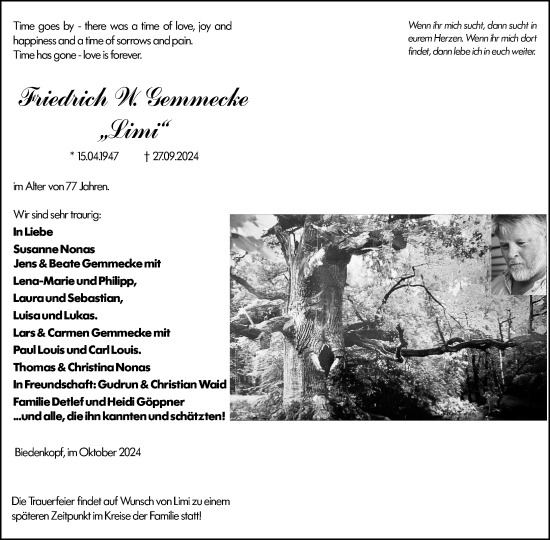Traueranzeige von Friedrich W. Gemmecke von Hinterländer Anzeiger