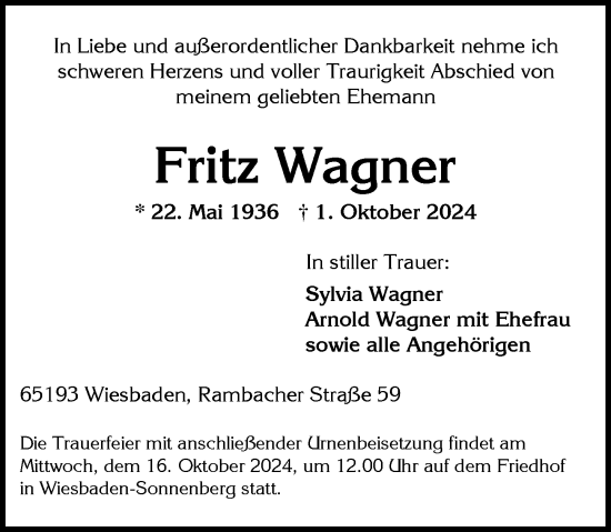 Traueranzeige von Fritz Wagner von Wiesbadener Kurier