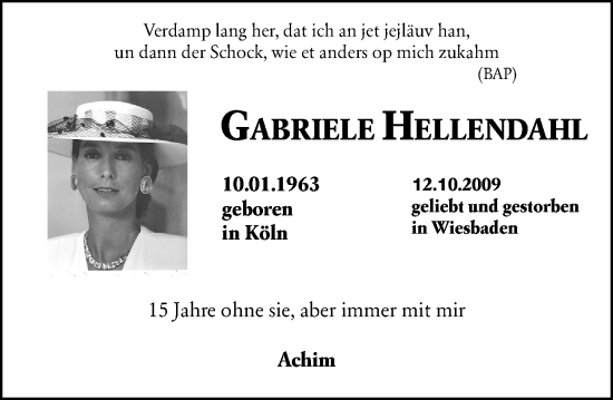 Traueranzeige von Gabriele Hellendahl von Wiesbadener Kurier