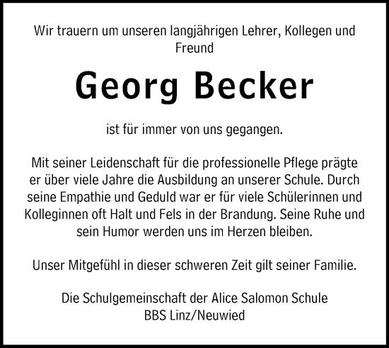 Traueranzeige von Georg Becker von Hinterländer Anzeiger