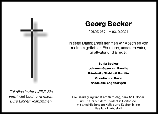 Traueranzeige von Georg Becker von Hinterländer Anzeiger