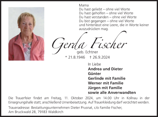 Traueranzeige von Gerda Fischer von Wetzlarer Neue Zeitung