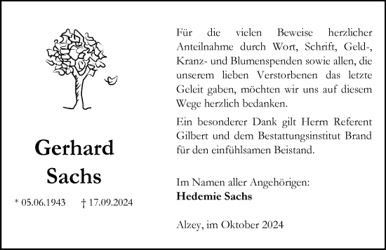 Traueranzeige von Gerhard Sachs von Allgemeine Zeitung Alzey