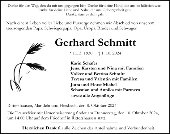 Traueranzeige von Gerhard Schmitt von Dill Block