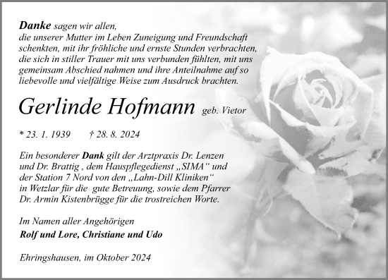 Traueranzeige von Gerlinde Hofmann von Wetzlarer Neue Zeitung
