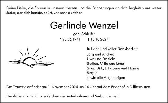 Traueranzeige von Gerlinde Wenzel von Wetzlarer Neue Zeitung