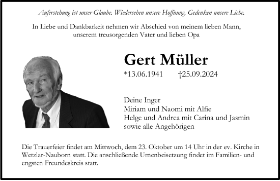 Traueranzeige von Gert Müller von Wetzlarer Neue Zeitung