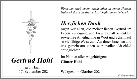 Traueranzeige von Gertrud Hohl von Camberger Anzeiger