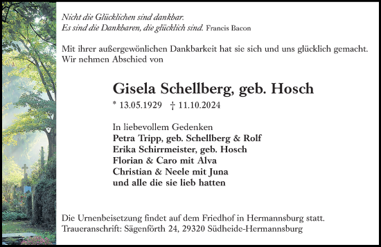 Traueranzeige von Gisela Schellberg von Hinterländer Anzeiger