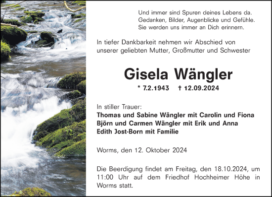 Traueranzeige von Gisela Wängler von Wormser Zeitung