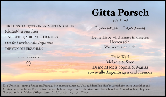 Traueranzeige von Gitta Porsch von Allgemeine Zeitung Rheinhessen-Nahe
