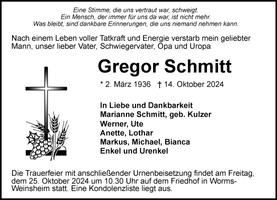 Traueranzeige von Gregor Schmitt von Wormser Zeitung