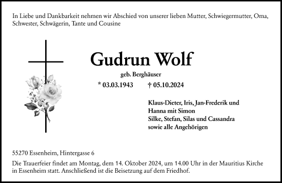 Traueranzeige von Gudrun Wolf von Allgemeine Zeitung Mainz