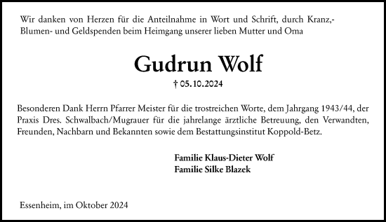 Traueranzeige von Gudrun Wolf von Allgemeine Zeitung Mainz