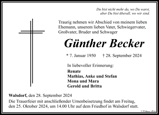 Traueranzeige von Günther Becker von Camberger Anzeiger