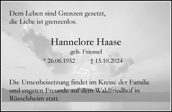 Traueranzeige von Hannelore Haase von Rüsselsheimer Echo