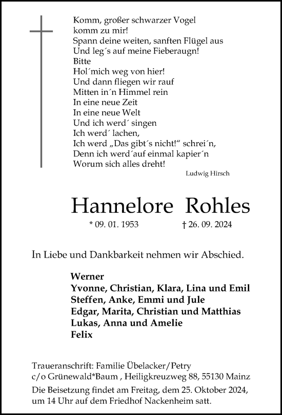 Traueranzeige von Hannelore Rohles von Allgemeine Zeitung Mainz