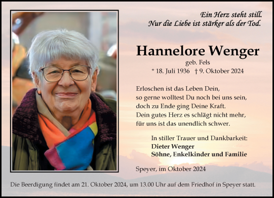 Traueranzeige von Hannelore Wenger von Allgemeine Zeitung Mainz