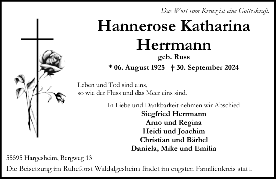 Traueranzeige von Hannerose Katharina Herrmann von Allgemeine Zeitung Rheinhessen-Nahe