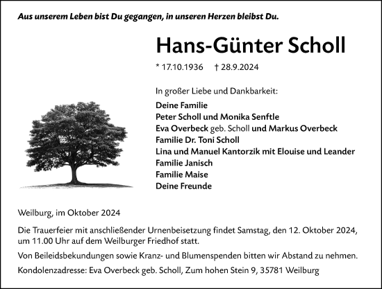 Traueranzeige von Hans-Günter Scholl von Weilburger Tageblatt