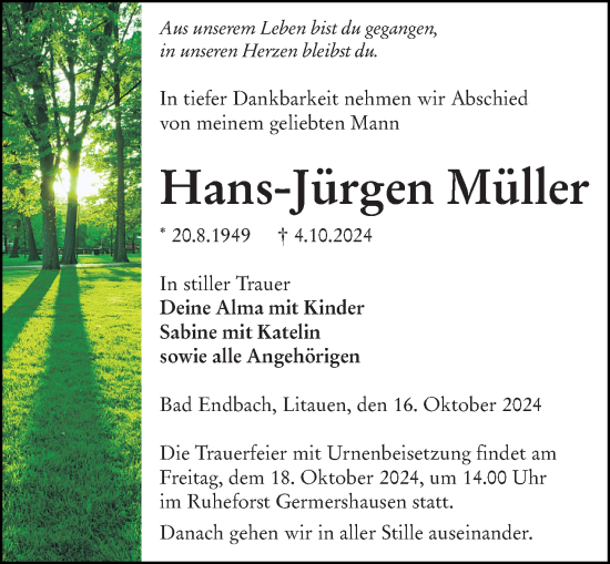 Traueranzeige von Hans-Jürgen Müller von Hinterländer Anzeiger