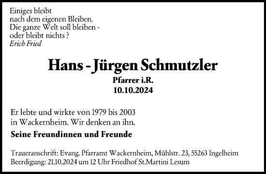 Traueranzeige von Hans-Jürgen Schmutzler von Allgemeine Zeitung Rheinhessen-Nahe