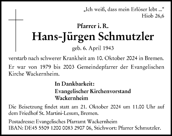 Traueranzeige von Hans-Jürgen Schmutzler von Allgemeine Zeitung Rheinhessen-Nahe