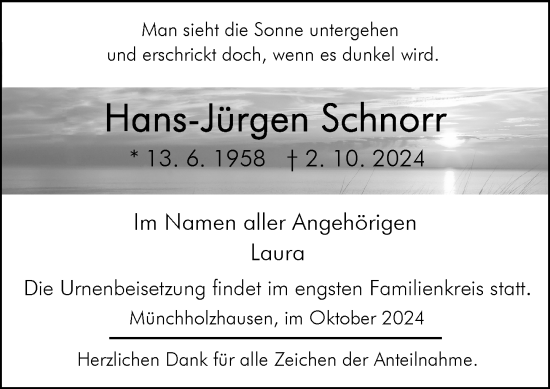 Traueranzeige von Hans-Jürgen Schnorr von Wetzlarer Neue Zeitung