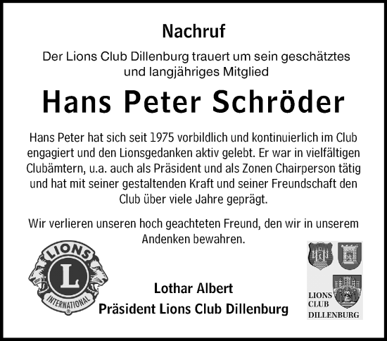 Traueranzeige von Hans Peter Schröder von Dill Block