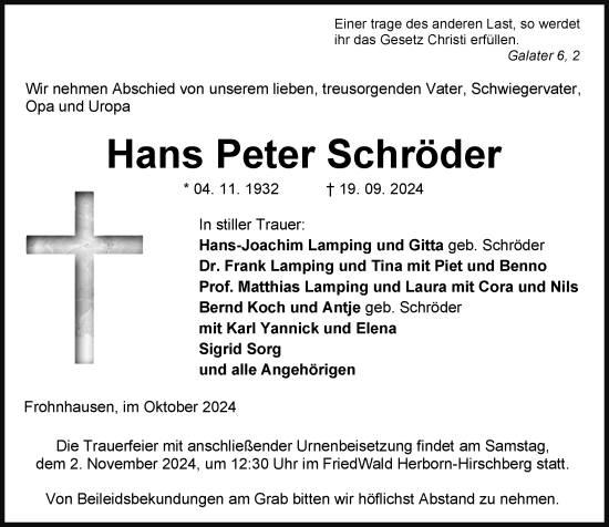 Traueranzeige von Hans Peter Schröder von Dill Block