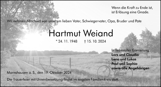 Traueranzeige von Hartmut Weiand von Hinterländer Anzeiger