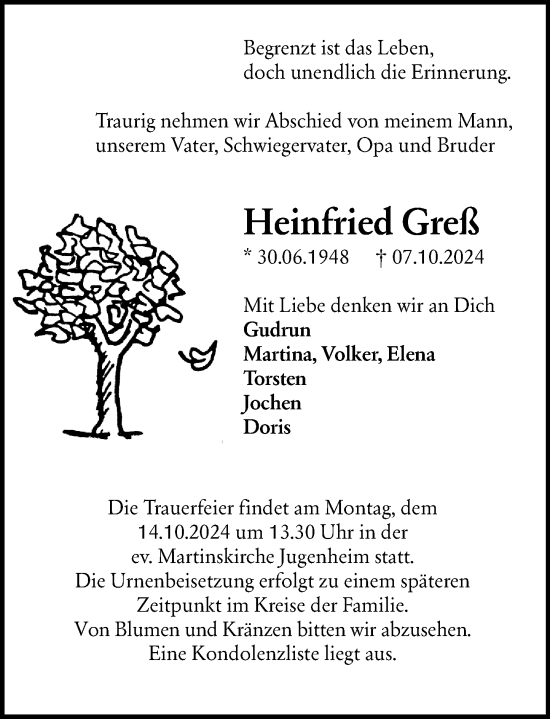 Traueranzeige von Heinfried Greß von Allgemeine Zeitung Mainz