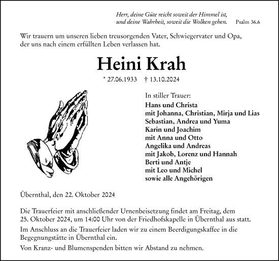 Traueranzeige von Heini Krah von Dill Block