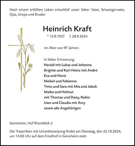 Traueranzeige von Heinrich Kraft von Groß-Gerauer Echo