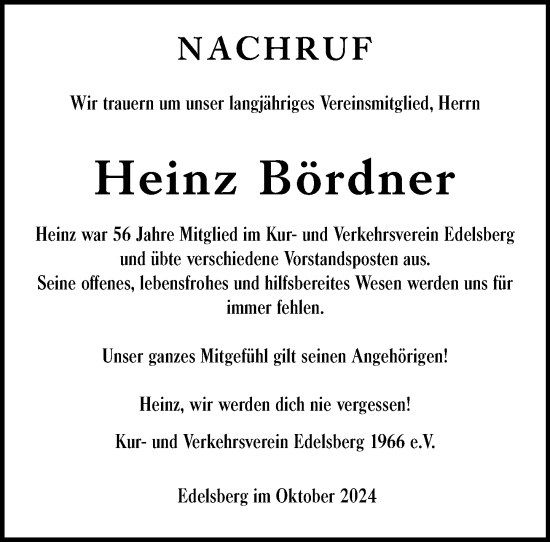 Traueranzeige von Heinz Bördner von Weilburger Tageblatt