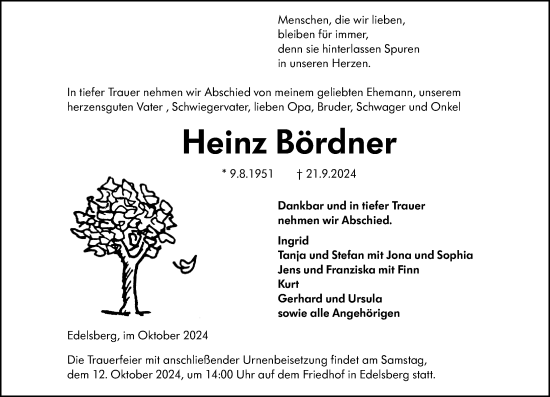 Traueranzeige von Heinz Bördner von Weilburger Tageblatt