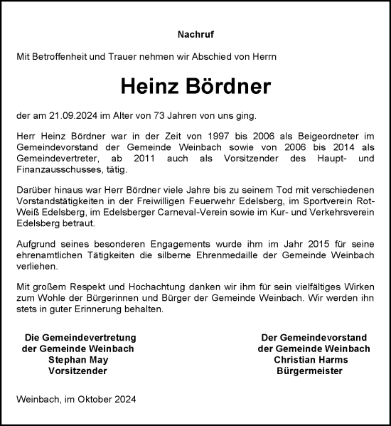 Traueranzeige von Heinz Bördner von Weilburger Tageblatt