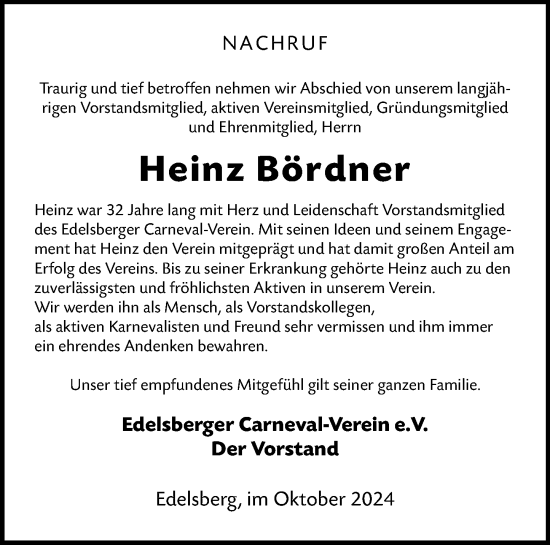 Traueranzeige von Heinz Bördner von Weilburger Tageblatt