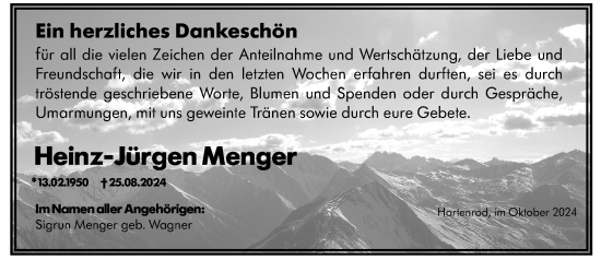 Traueranzeige von Heinz-Jürgen Menger von Hinterländer Anzeiger
