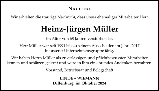 Traueranzeige von Heinz-Jürgen Müller von Dill Block