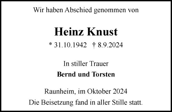 Traueranzeige von Heinz Knust von Rüsselsheimer Echo