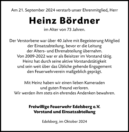 Traueranzeige von Heinz Bördner Bördner von Weilburger Tageblatt